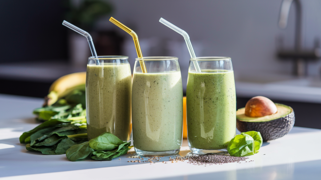 Easy green smoothie recipes for weight loss – three different healthy smoothies in various shades of green with fresh spinach, banana, avocado and chia seeds on a countertop
