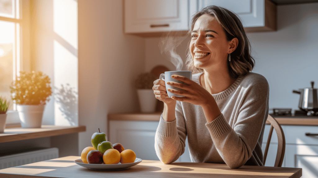 A cheerful woman in her early 30s sitting at a cozy wooden kitchen table, smiling while enjoying a warm cup of coffee with sunlight streaming through the window. A peaceful morning routine promoting energy and wellness.